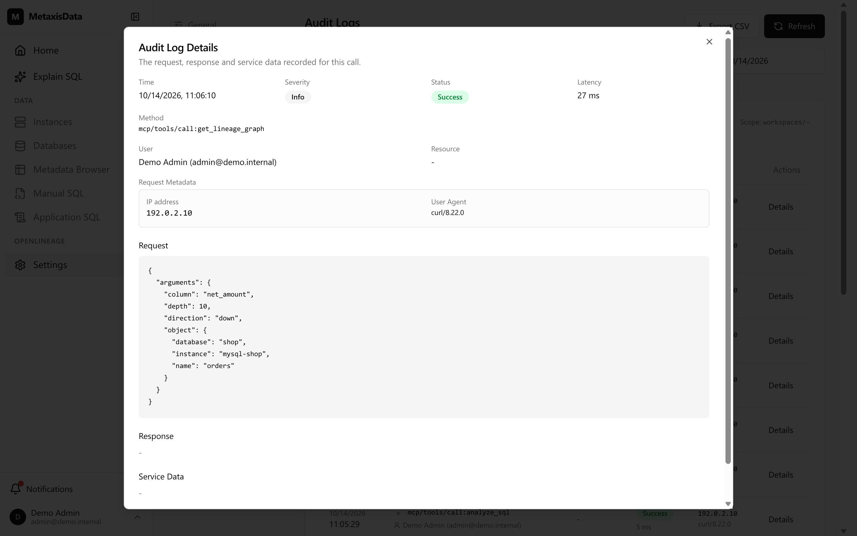 The audit record of one MCP call, whose request carries column: net_amount