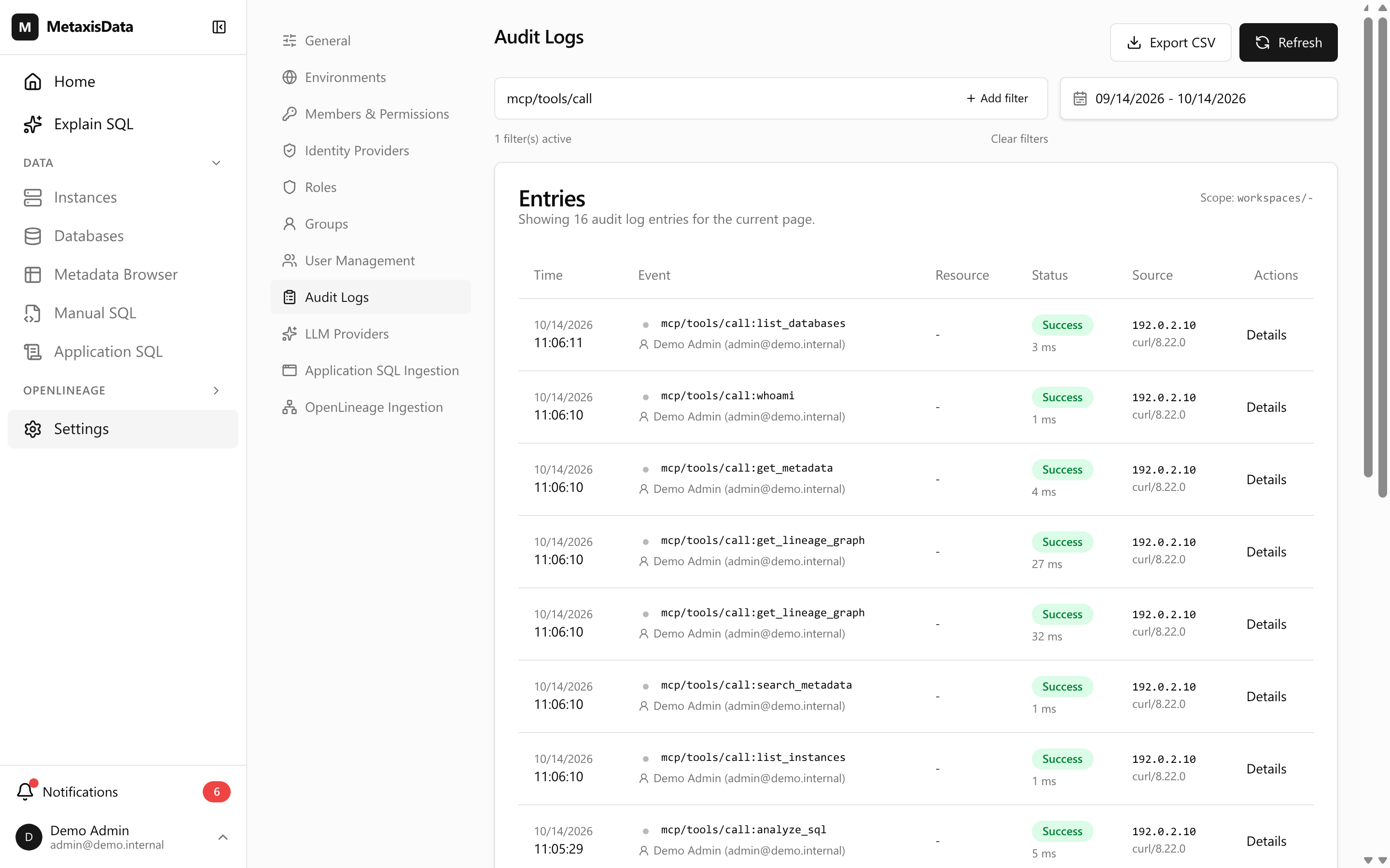 Audit logs filtered to mcp/tools/call