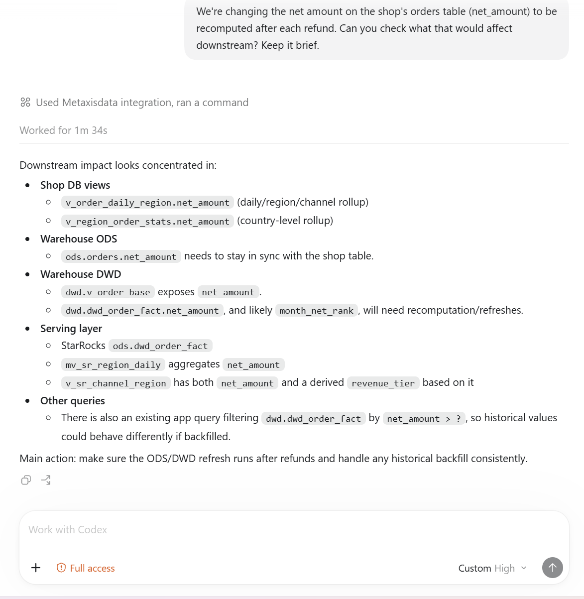 The agent's answer: the downstream objects it would affect, from the shop's views and the warehouse's ods and dwd objects to the StarRocks serving layer, manual and application SQL included