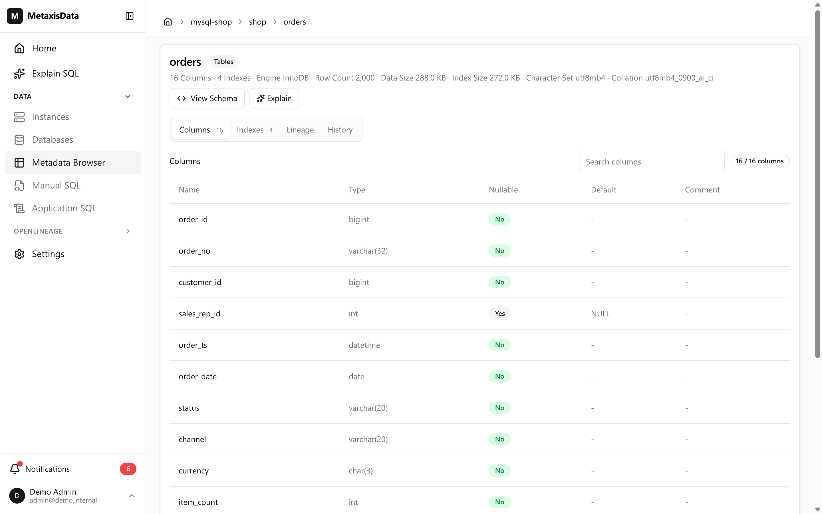 shop.orders in the metadata browser: column names, types, nullability and defaults